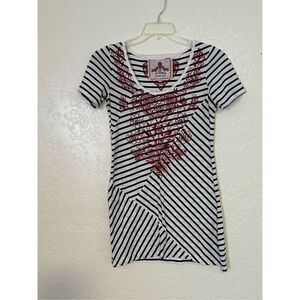 JOHNNY WAS JWLA Black White Striped Embroidered Mini Dress SMALL